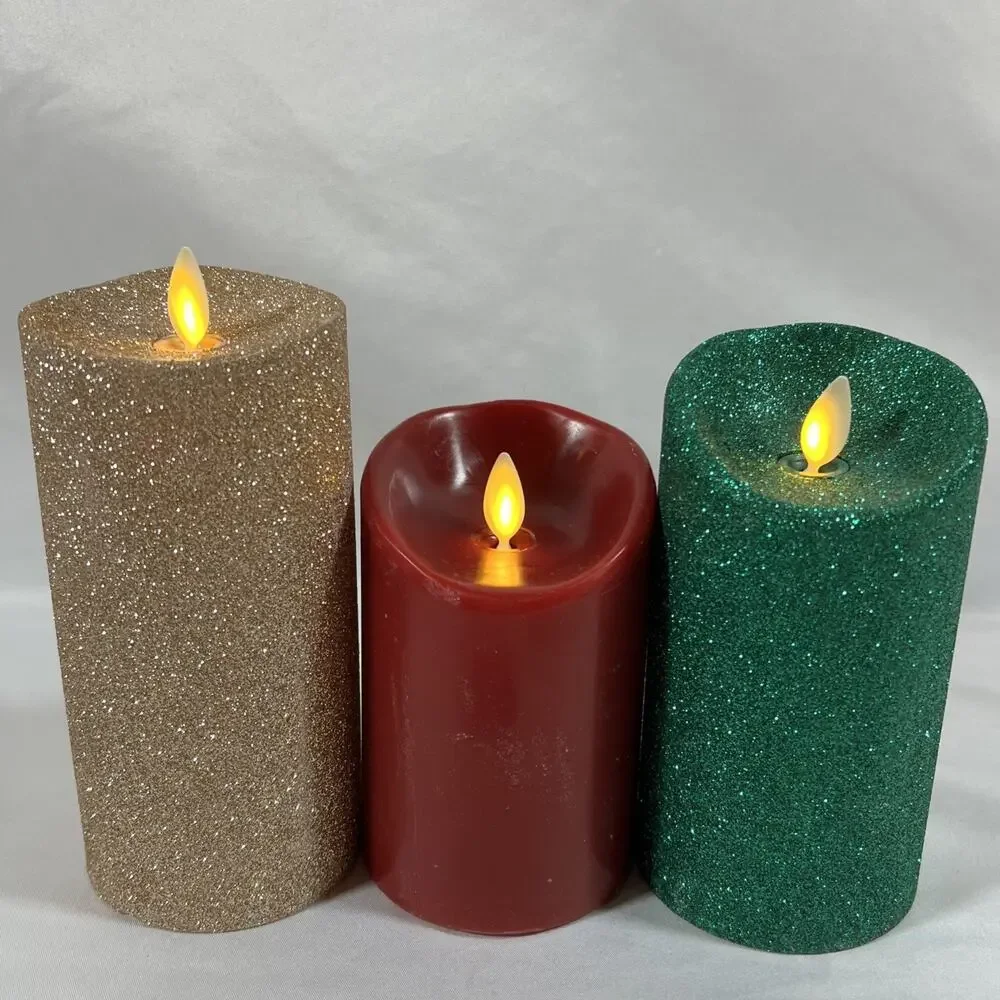 Lot of 3 Luminara Candles Christmas Gold Green Glitter Red Remote 4-10hr Timer